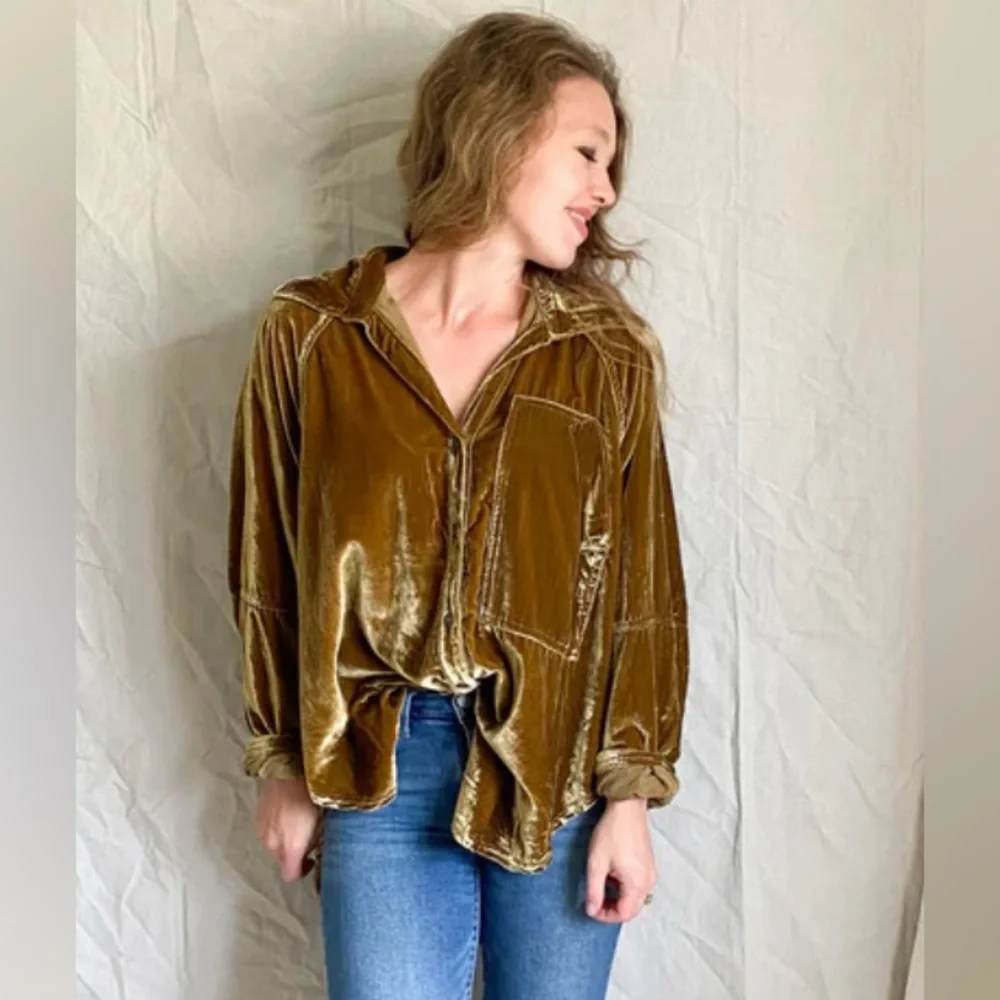 Super cute We The Free Velvet Shirt in Warm gold is X small oversized - Picture 2 of 9